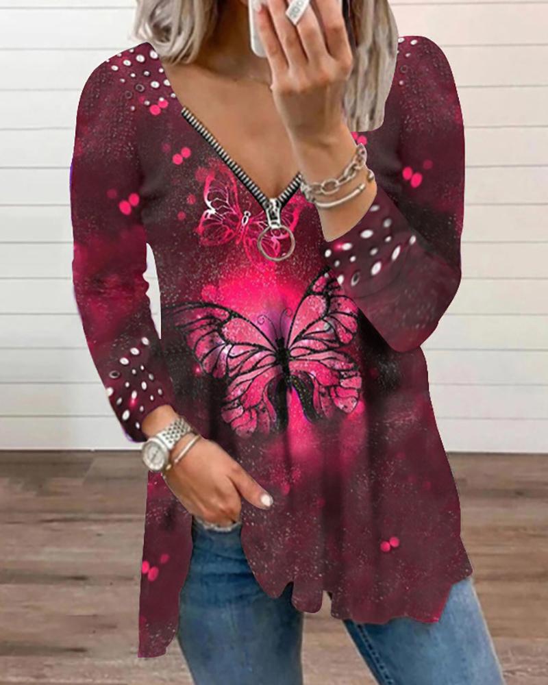 

Butterfly Print Zip Front Long Sleeve Top, Wine red