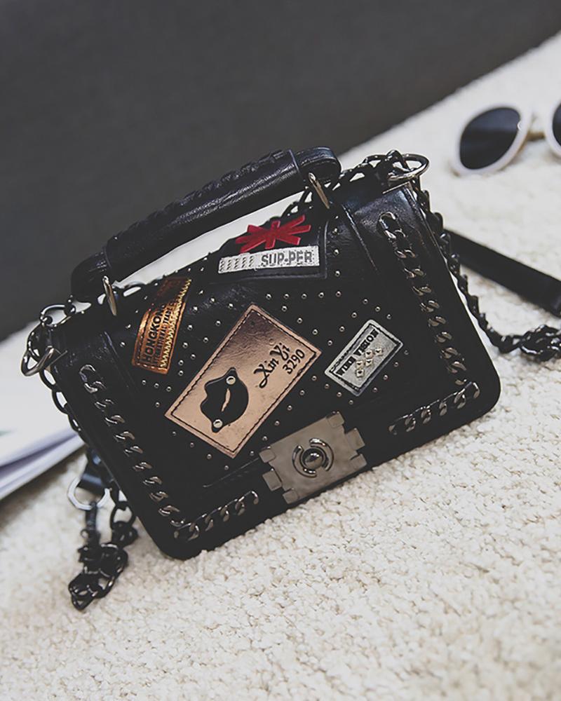 

Graphic Pattern Chain Decor Satchel Bag, Black