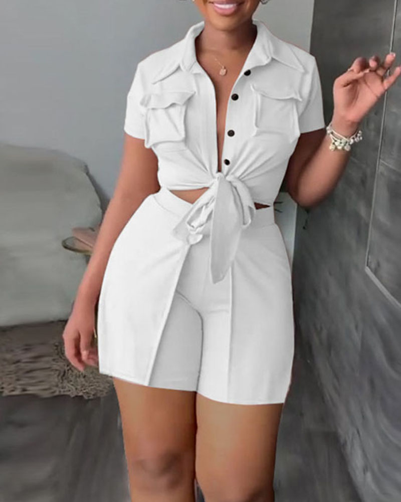 

Pocket Design Buttoned Top & High Waist Shorts Set, White