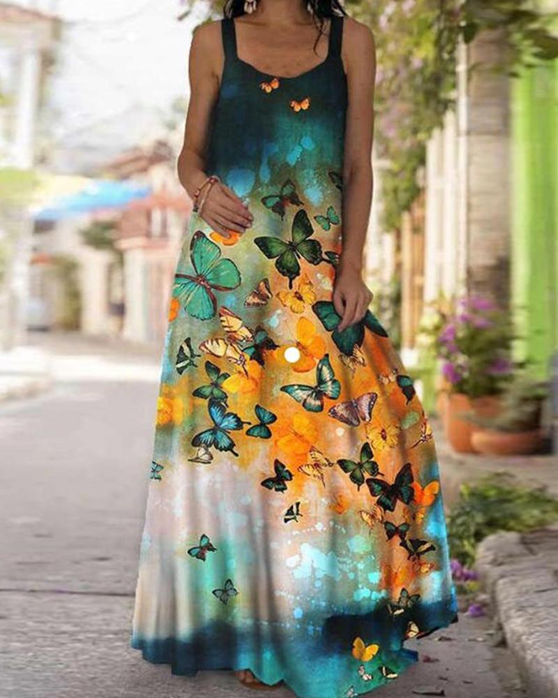 

Thick Strap Butterfly Print Maxi Dress, Green