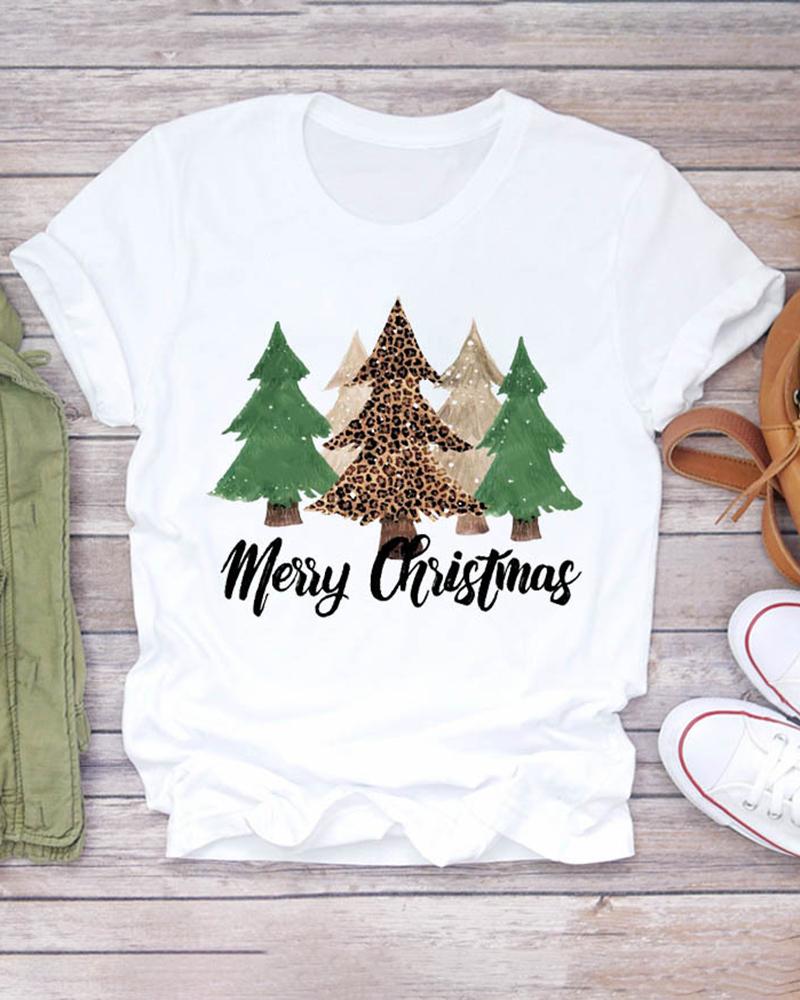 

Christmas Short Sleeve Tree Letter Plaid Cheetah Pattern Print Short Sleeve Top, Style5