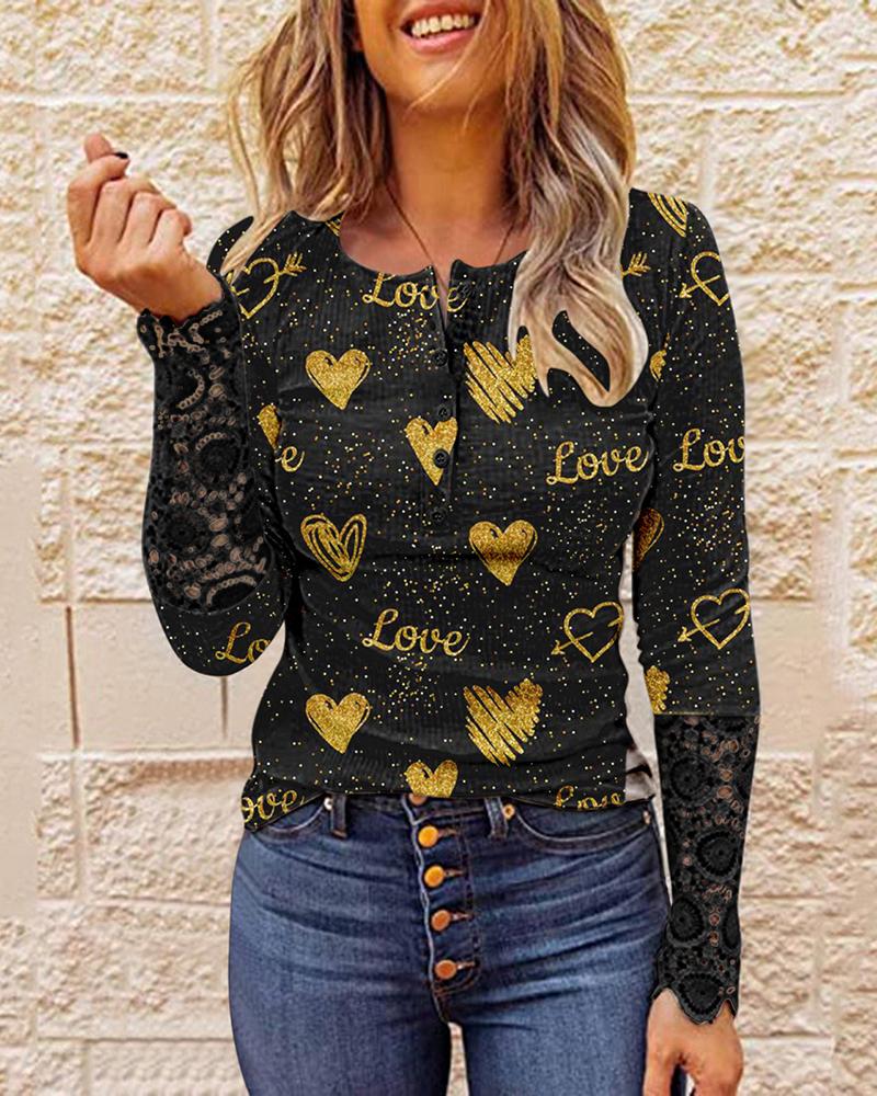 

Heart Print Button Decor Crochet Lace Top, Style3