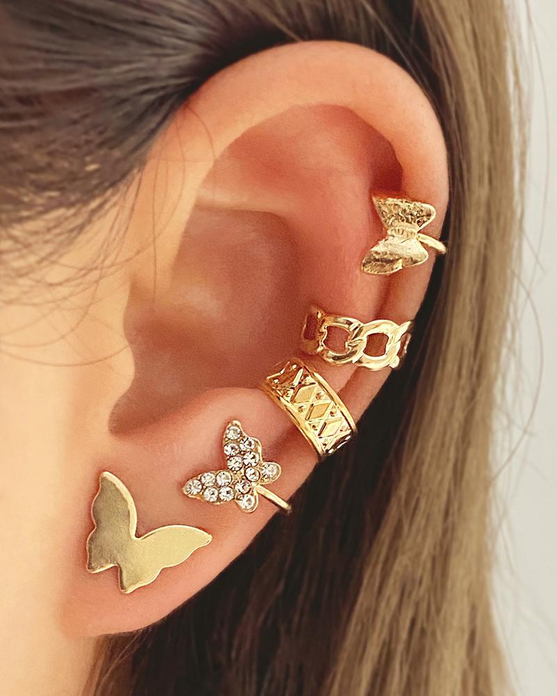 

5pcs Butterfly Shaped Ear Cuffs & Earrings Set, Gold