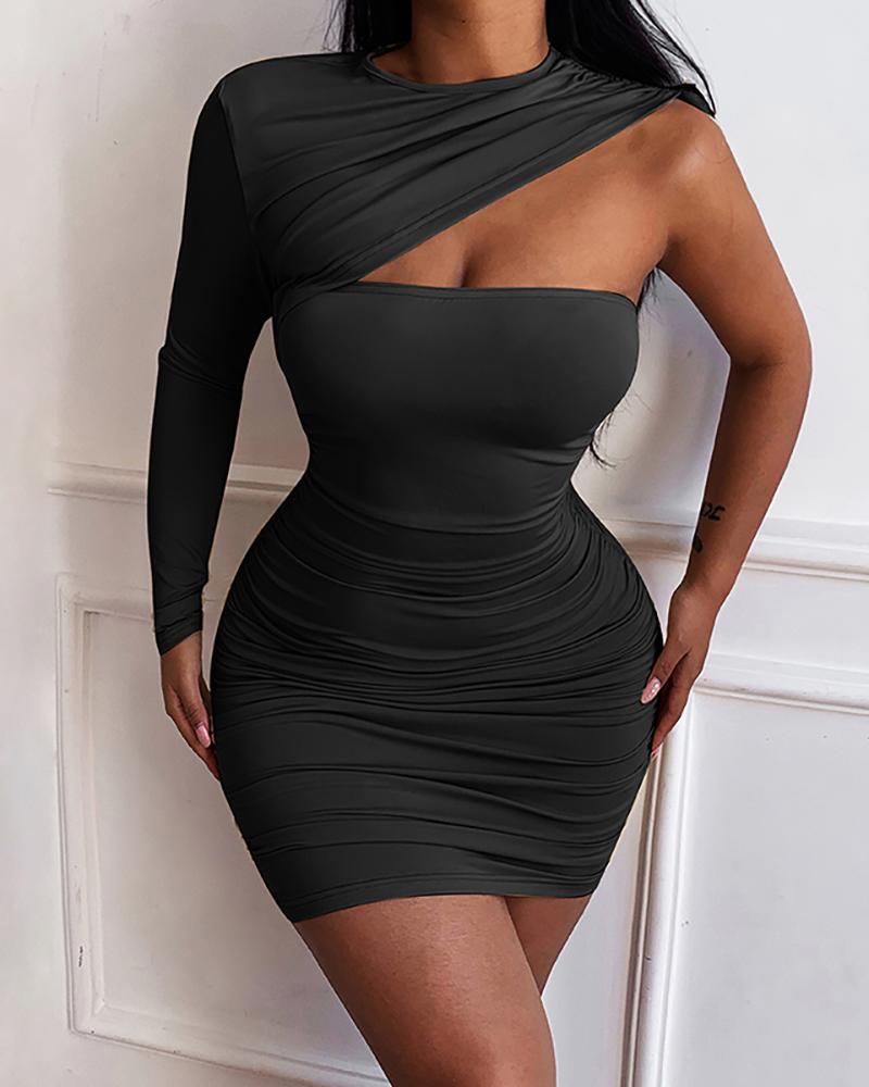 

One Shoulder Cutout Drawstring Ruched Bodycon Dress, Black
