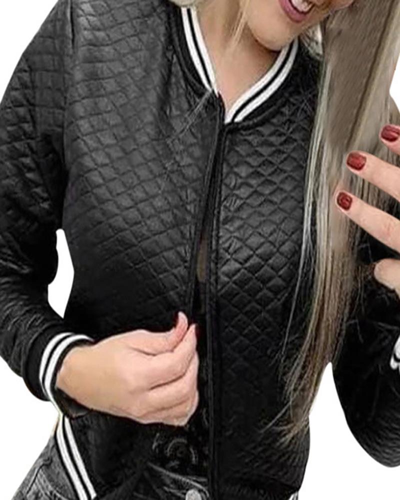 

Quilted Long Sleeve Zipper Design Baseball Jacket, Black