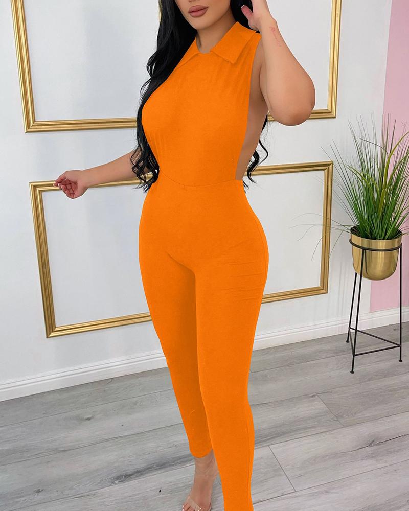 

Solid Color Sleeveless Backless Skinny Jumpsuit, Orange