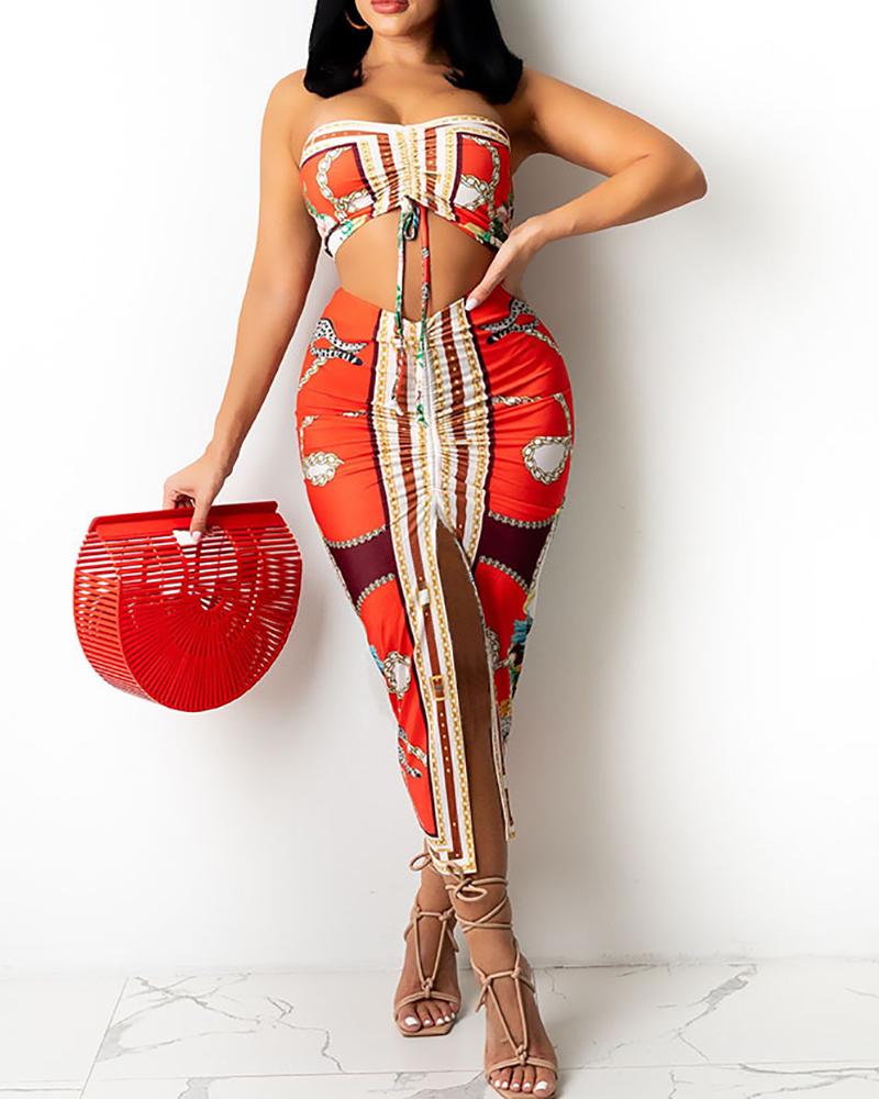 

Scarf Tropical Print Bandeau Ruched Top & Slit Skirt Set, Multicolor