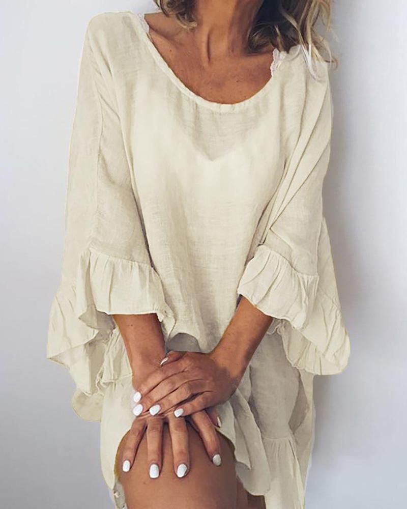 

Cotton and Linen Stitching Ruffled Dress, Beige