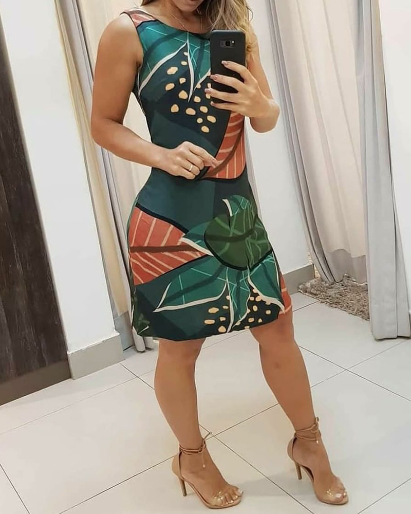 

Tropical Print Sleeveless Bodycon Dress, Green