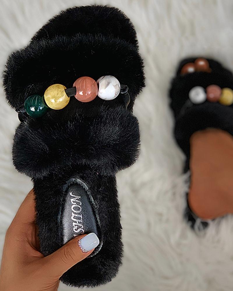 

Colorblock Beaded Fluffy Slippers, Black