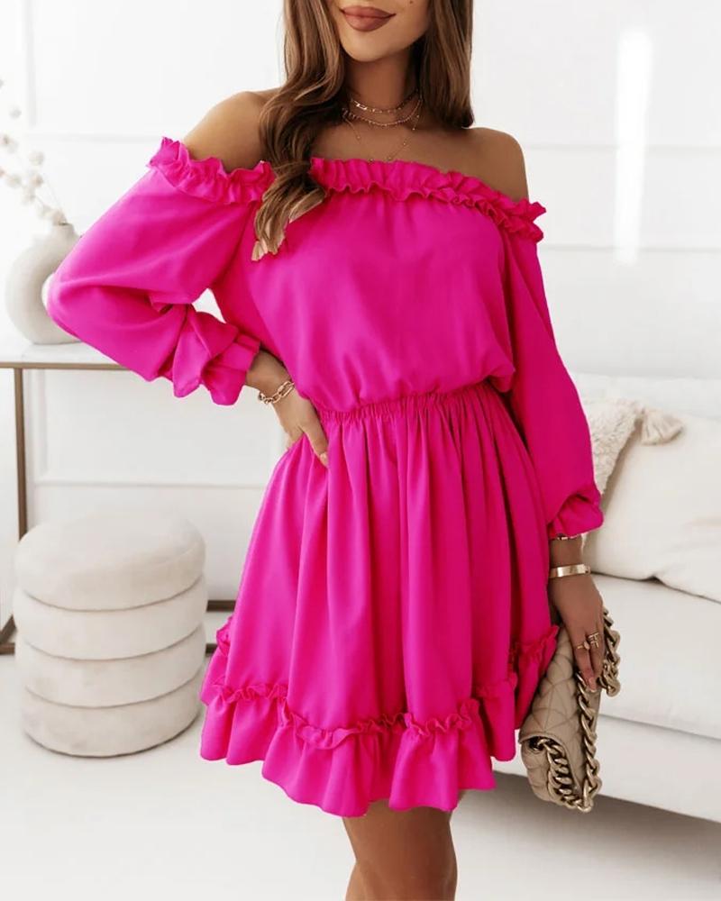 

Off Shoulder Ruffle Hem Casual Dress, Hot pink