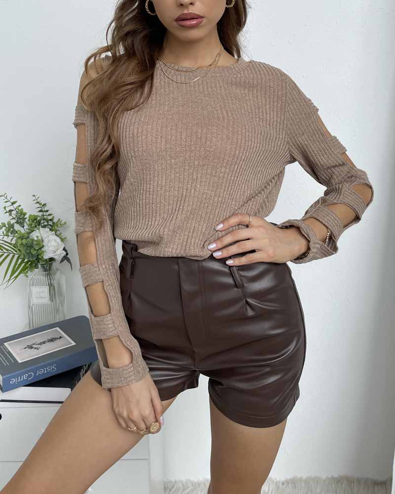 

Ladder Cut Out Long Sleeve Knit Top, Khaki