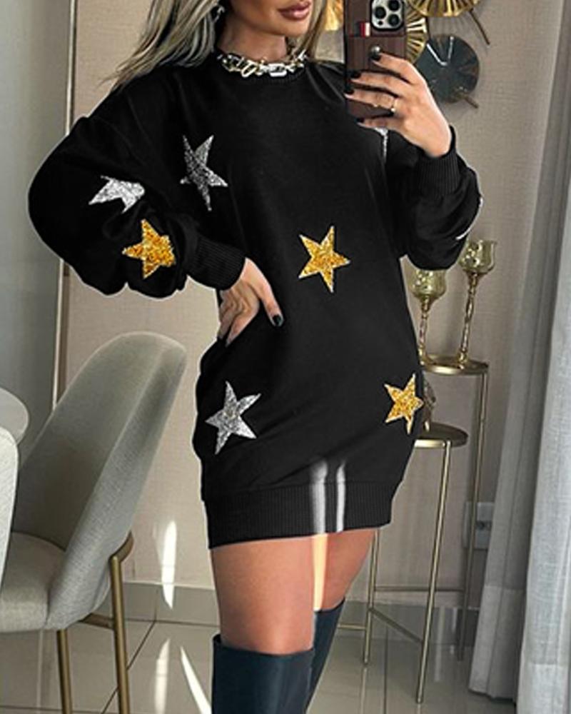 

Robe sweat-shirt décontractée bronzante à motif d'étoiles, Black