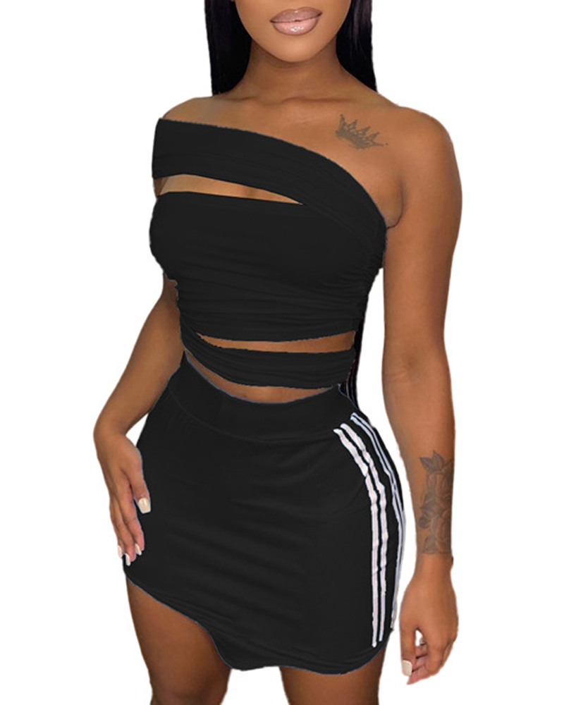 

Off Shoulder Cutout Top & Striped Print Skirt Set, Black