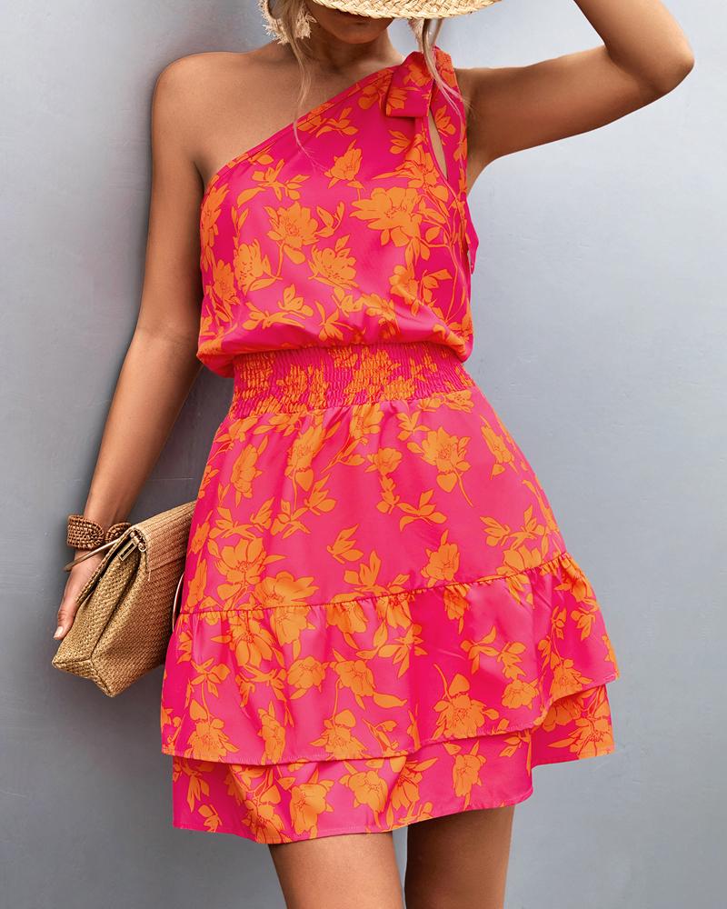 

Floral Print One Shoulder Ruffles Mini Dress, Orange