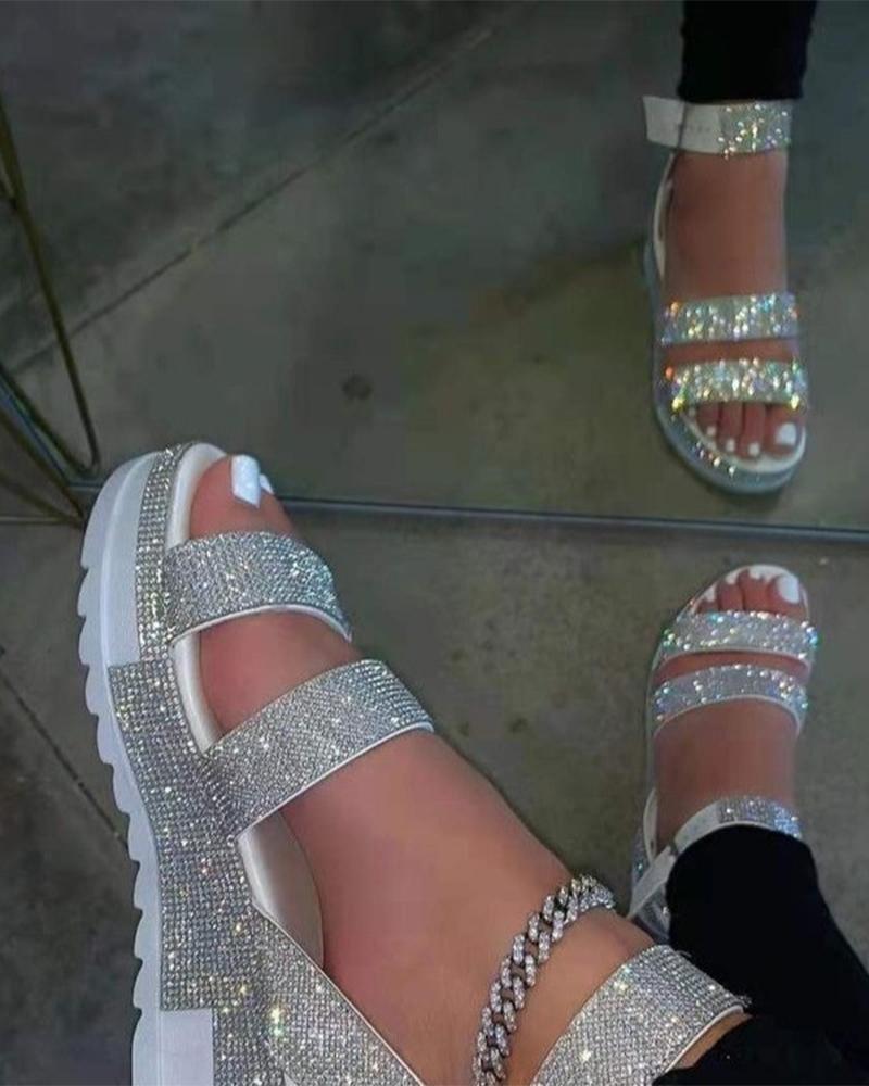 

Multicolor Glitter Round-toe Open-toe Flat Sandals, Silver