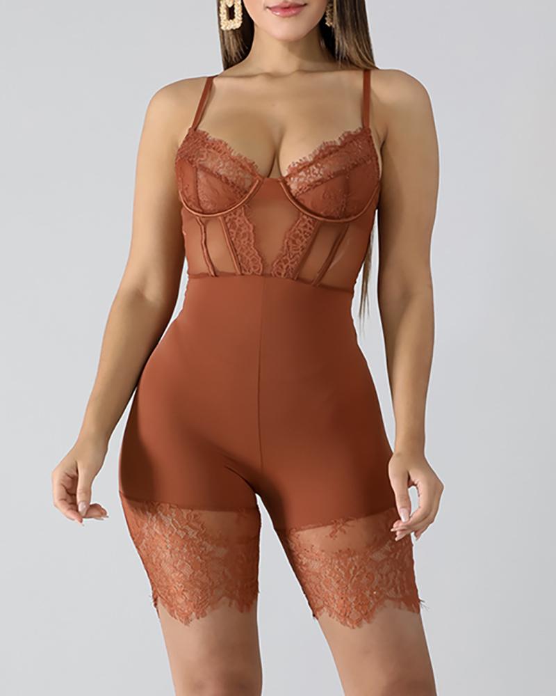 

Spaghetti Strap Eyelash Lace Insert Romper, Brown