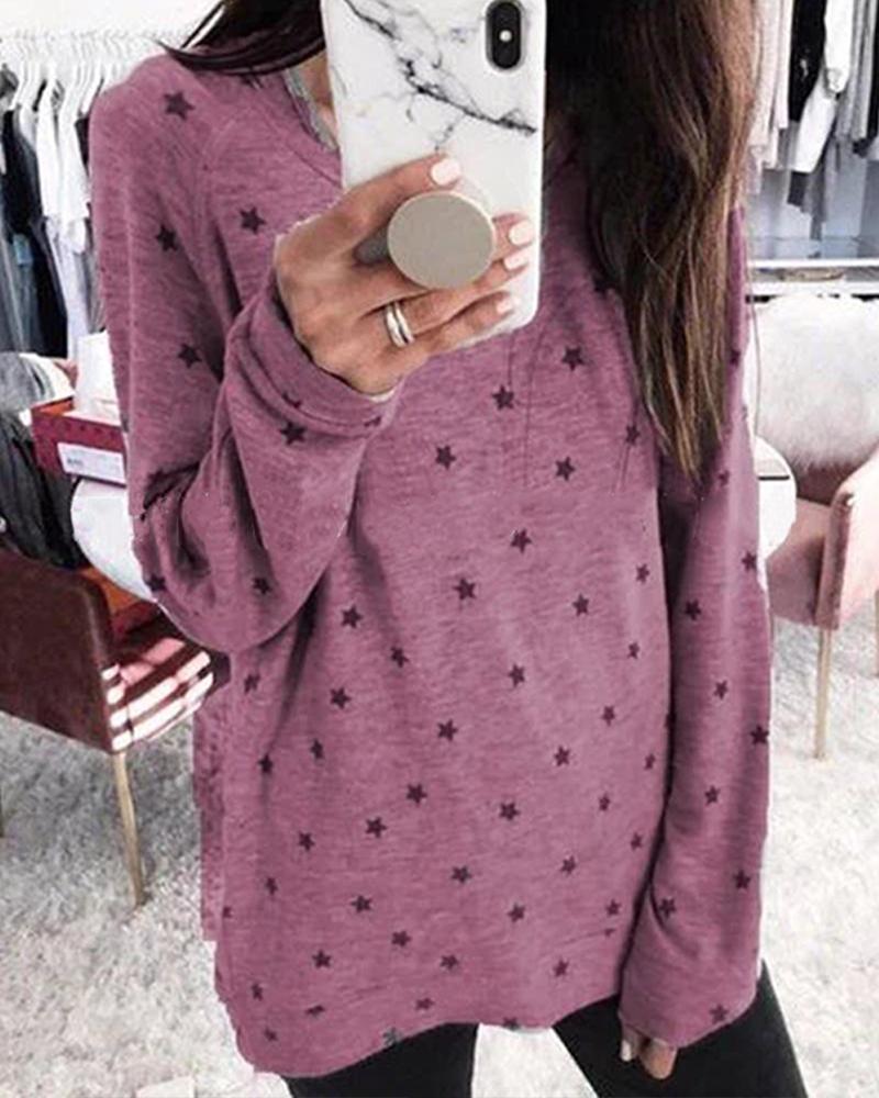

Oversized Long Sleeve Star Pattern Top, Red