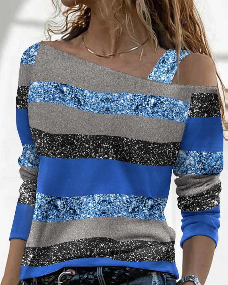

Colorblock Striped Print Cold Shoulder Top, Blue