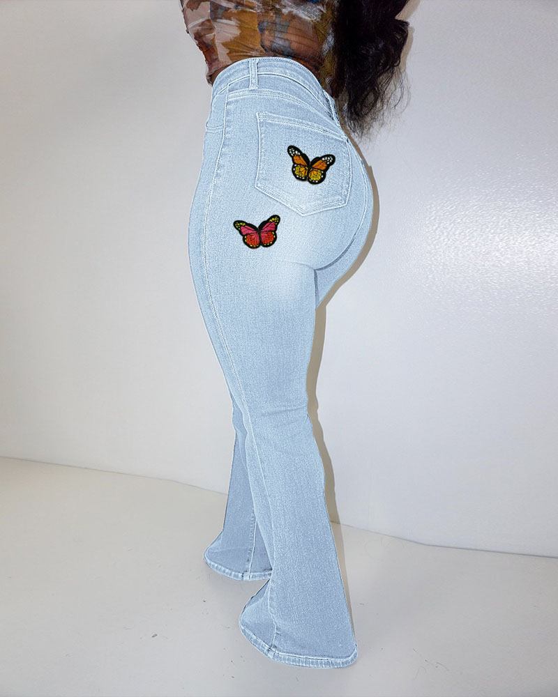 

Butterfly Patch Zipper Fly Washed Bootcut Jeans, Lighted blue