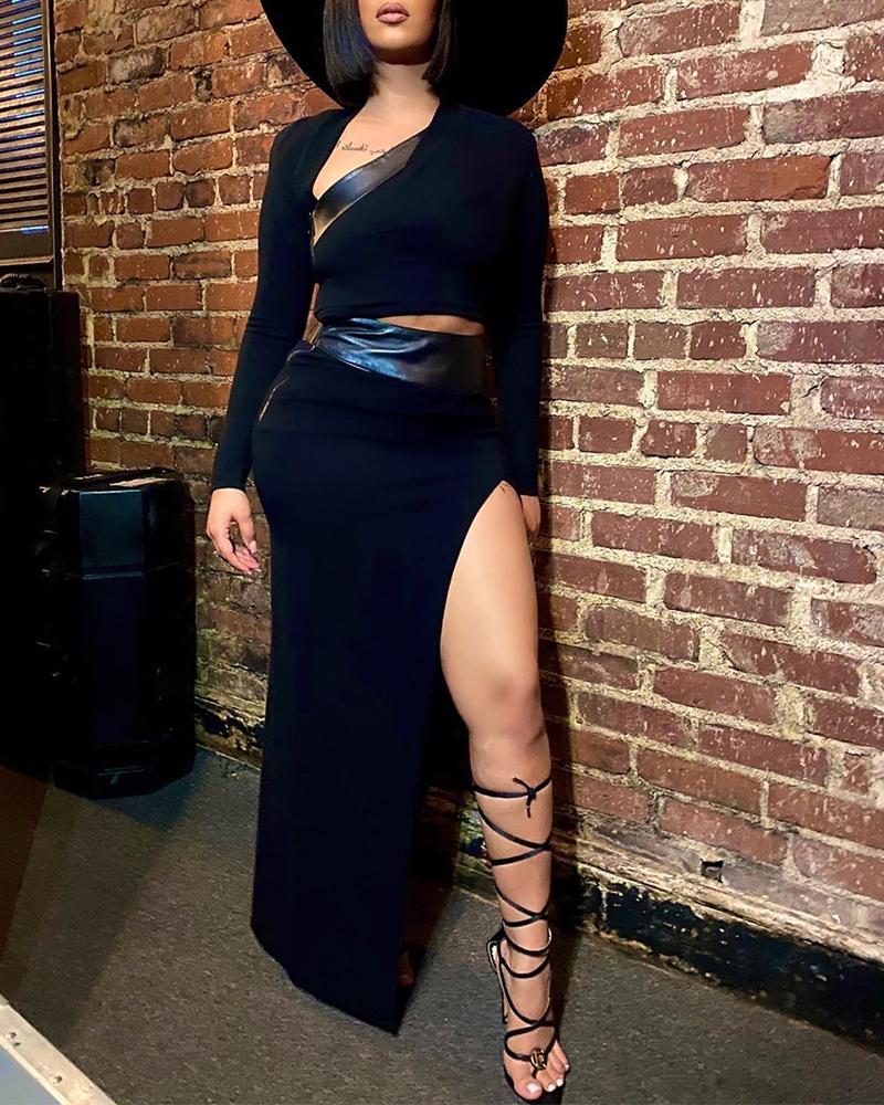 

Solid Color Long Sleeve Skirt Sets, Black
