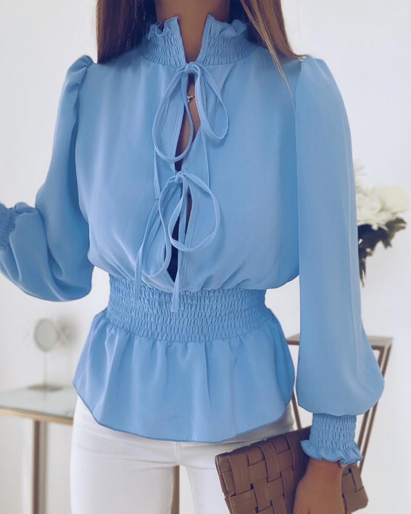

Puff Lantern Sleeve Tied Detail Shirred Top, Blue