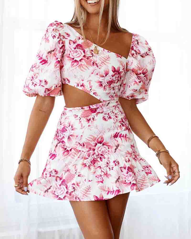 

Floral Print Cut-out Puff Sleeve Pleated Mini Dress, Hot pink