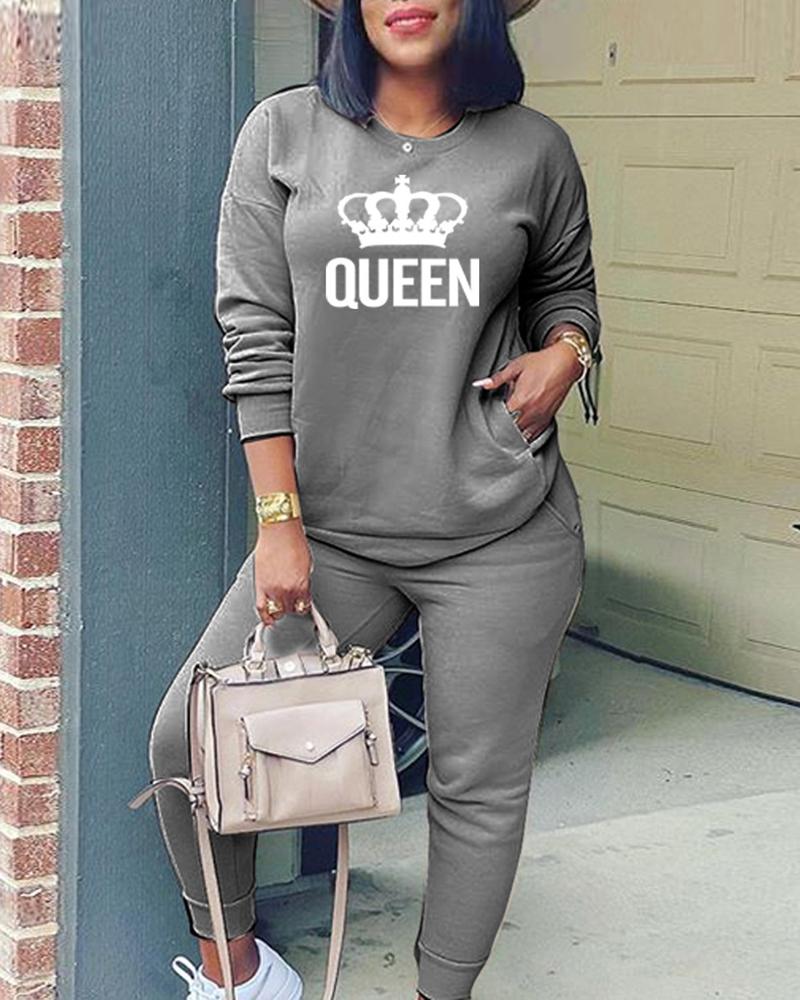 

Crown Letter Print Pocket Design Top & Pants Set, Dark grey