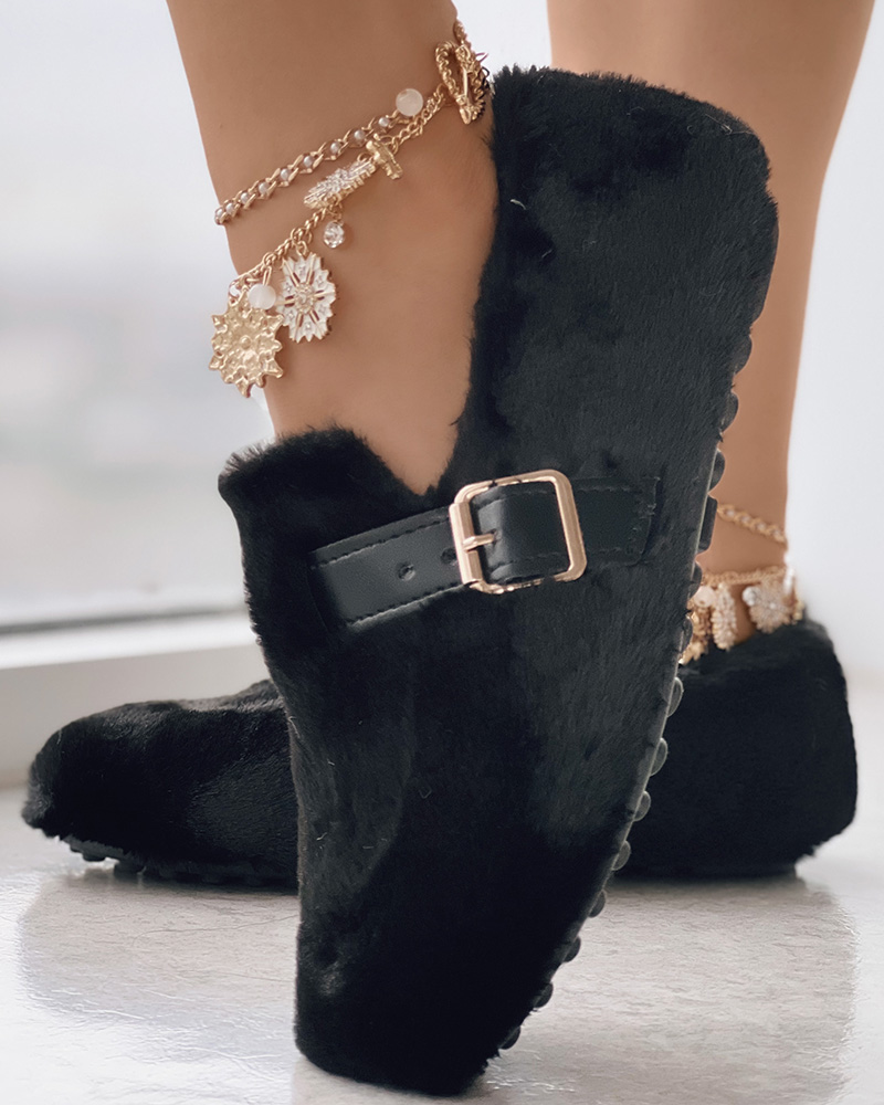 

Fuzzy Lined Slip On Buckled Loafers, Black