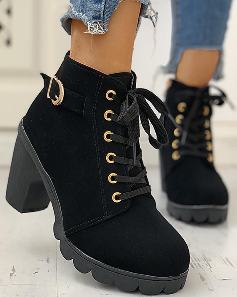 

Suede Eyelet Lace-Up Buckled Chunky Heeled Ankle-Boots, Black