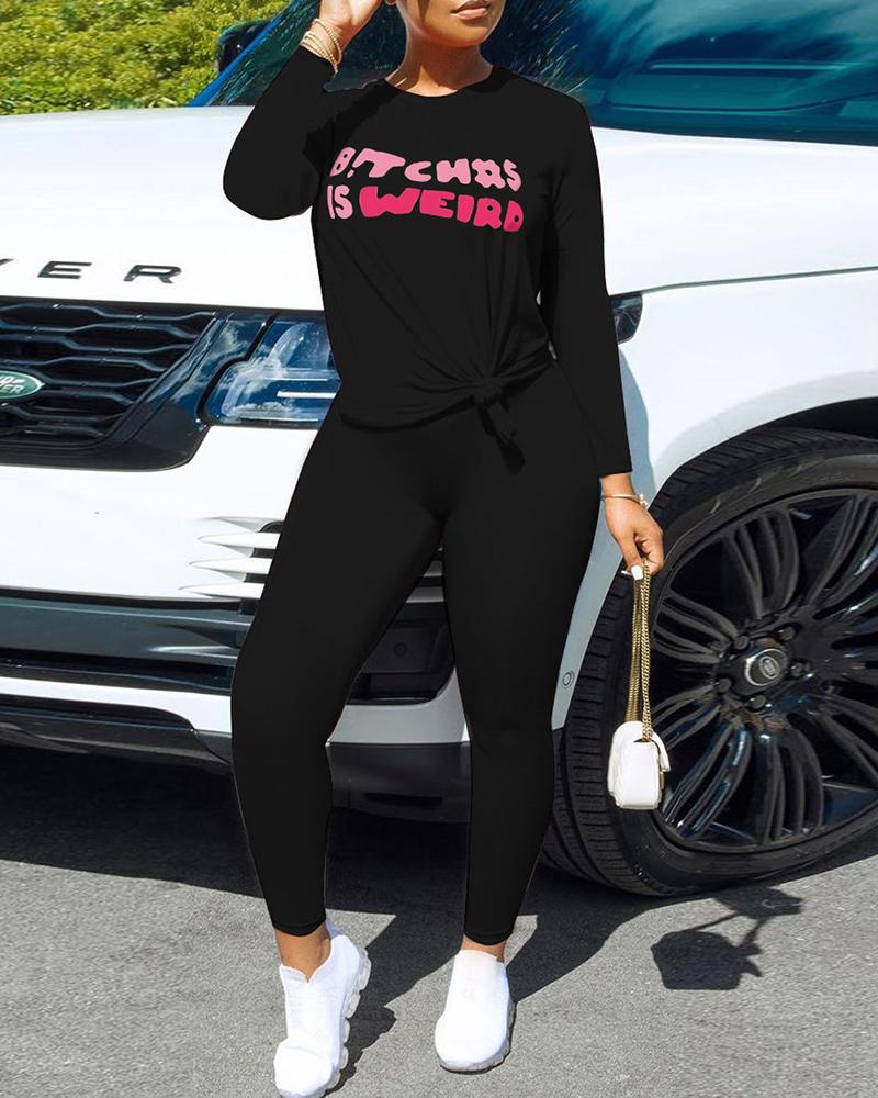

Plus Size Letter Print Long Sleeve Top & Pants Set, Black