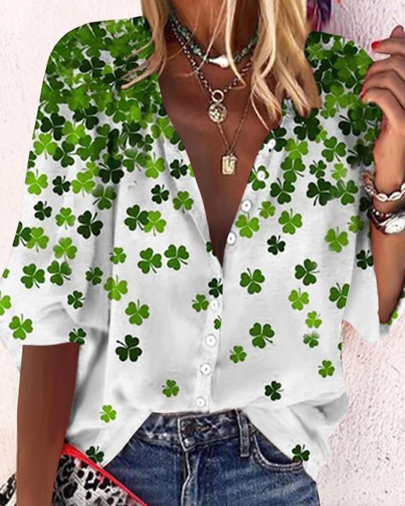

St. Patrick' Day Lucky Shamrock Print Button Down Shirt, Green