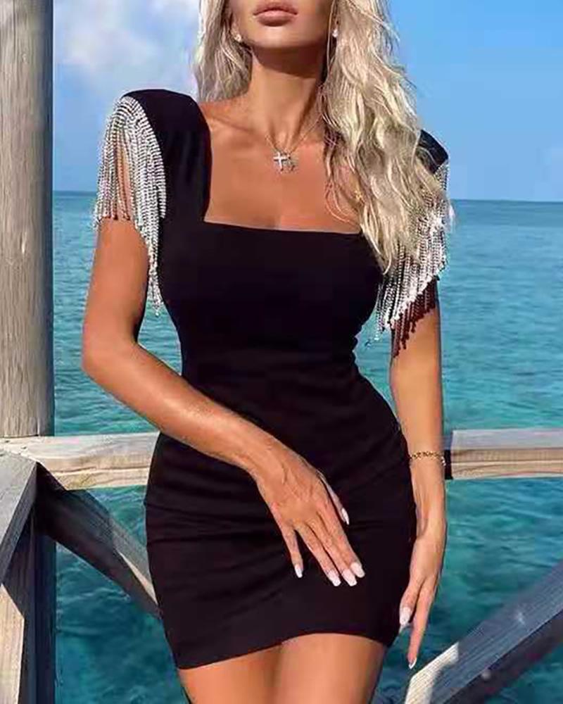 

Rhinestone Tassel Design Square Neck Bodycon Dress, Black