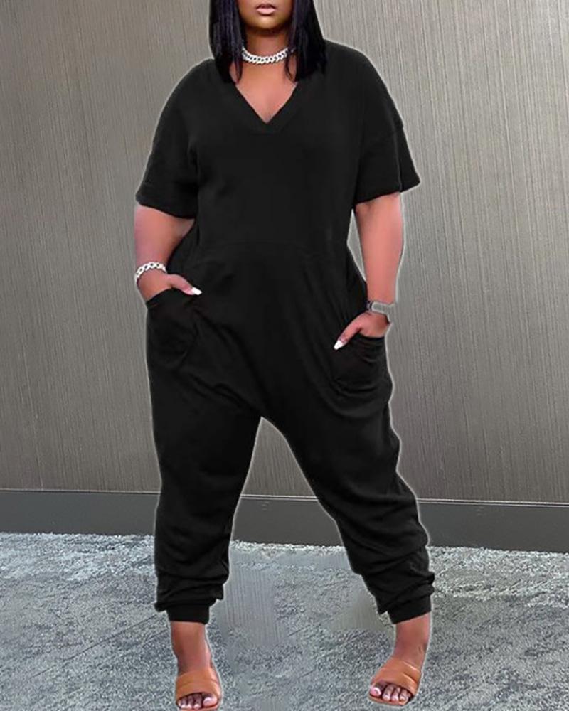 

Plus Size V-Neck Pocket Design Jumpsuit, Black