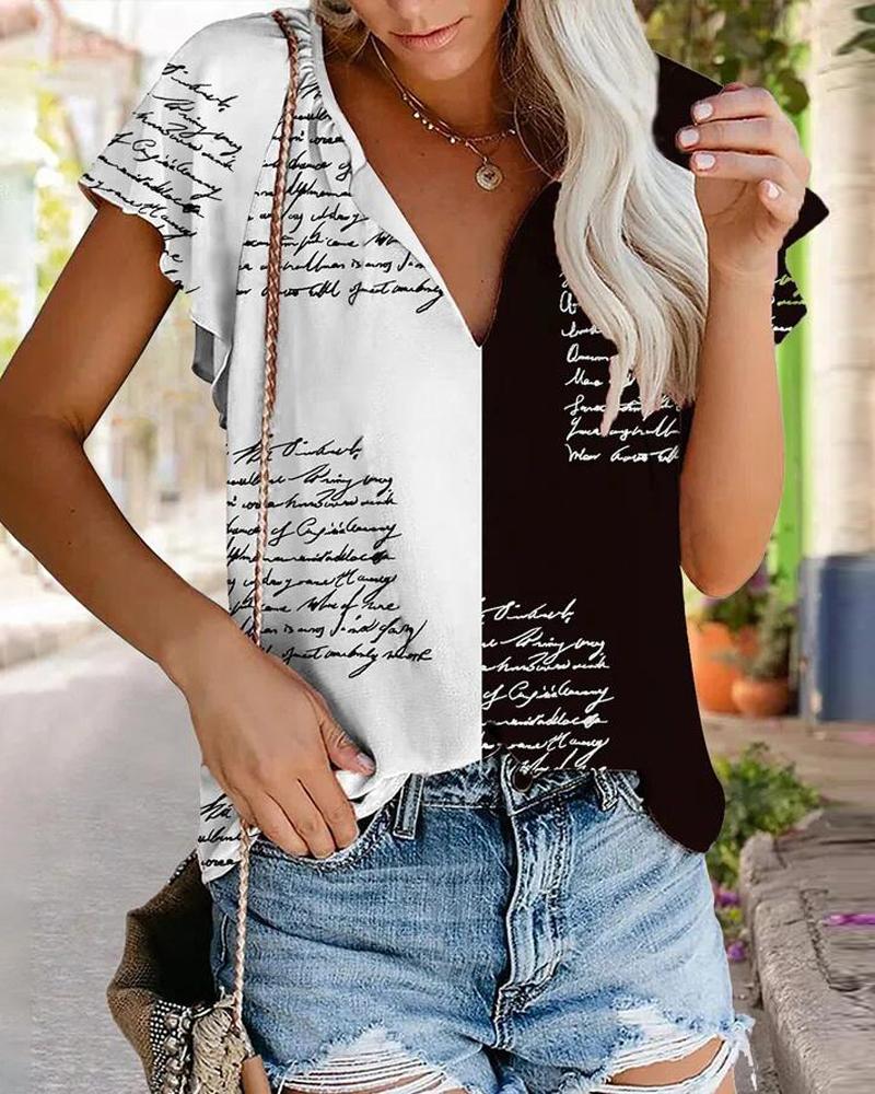 

Letter Print Colorblock V-Neck Top, White
