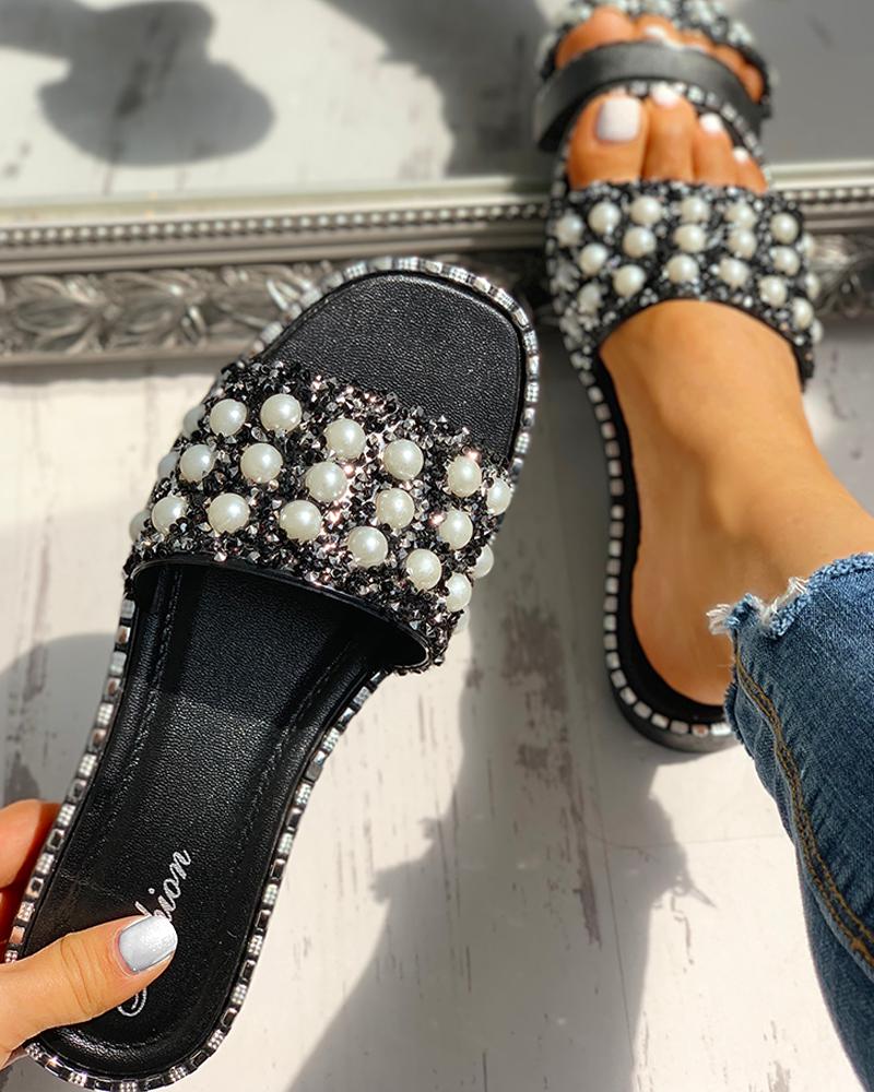 

Bead Studded Detail Flat Sandals, Black