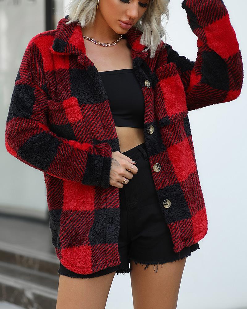 

Plaid Print Buttoned Pocket Design Teddy Coat, Red