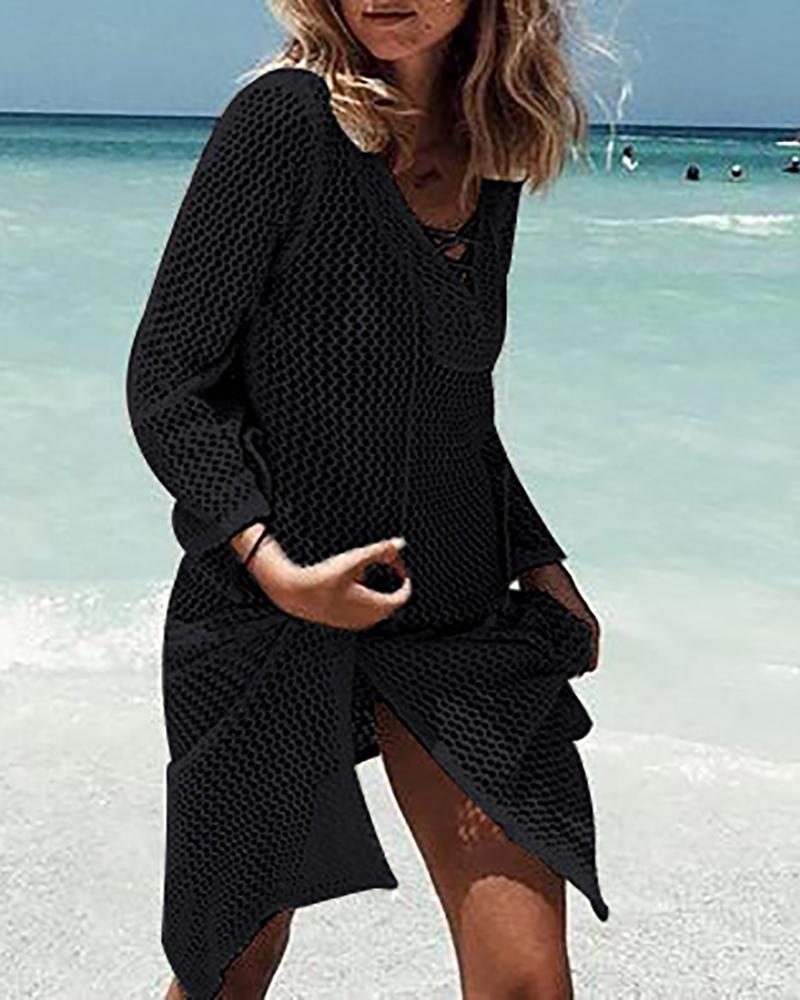 

Slit Lace-Up Crochet Cover Up Dress, Black