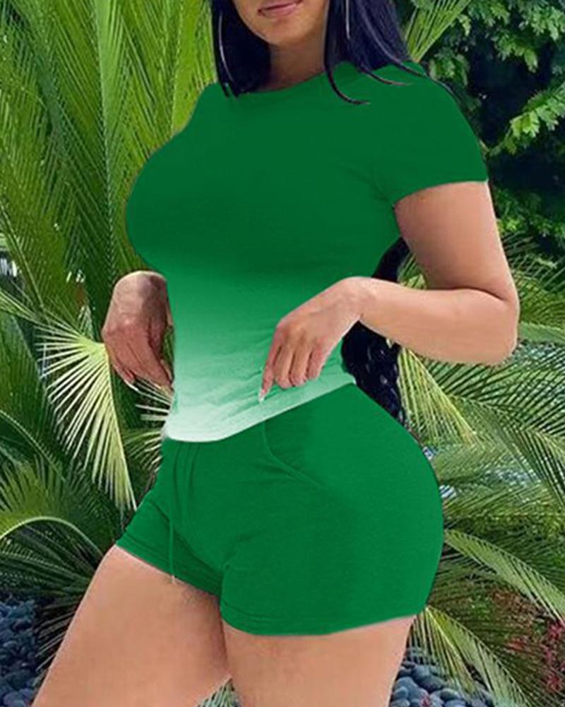 

Ombre Casual Top & Drawstring Shorts Set, Green