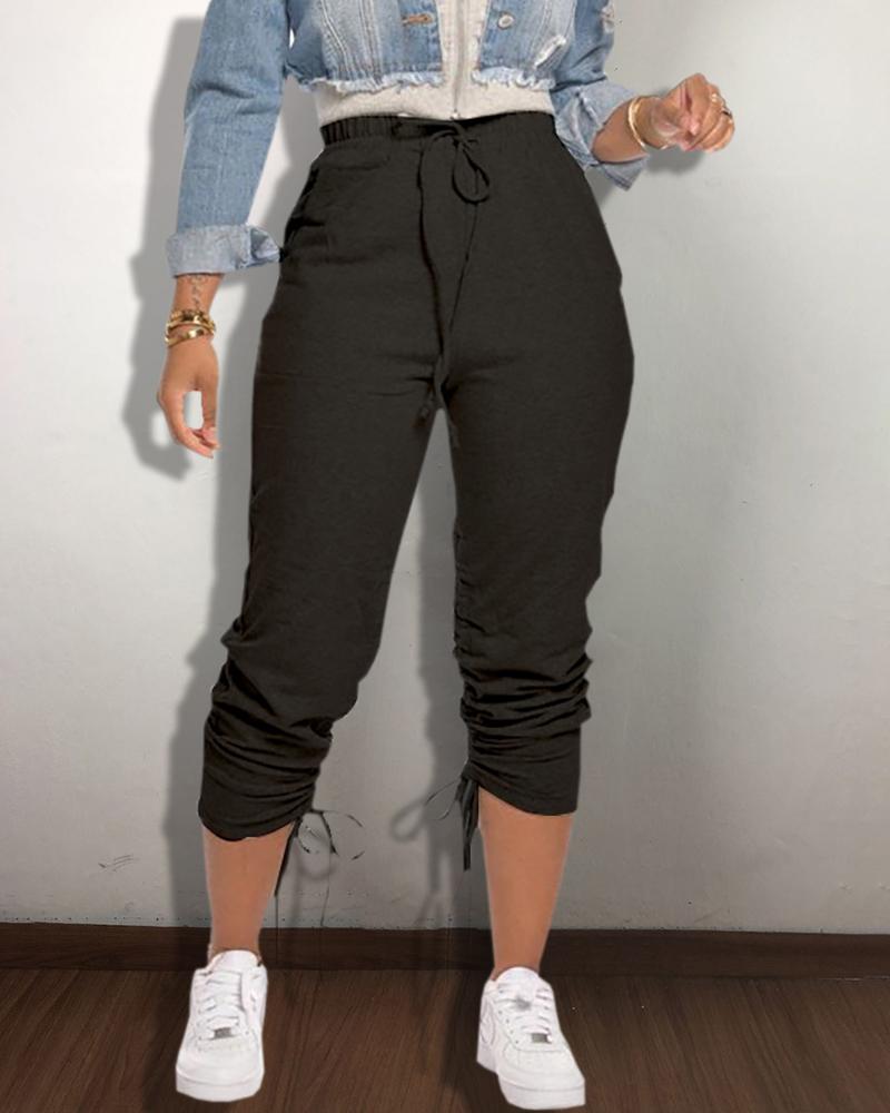 

Tie Detail Drawstring Solid Casual Pants, Black