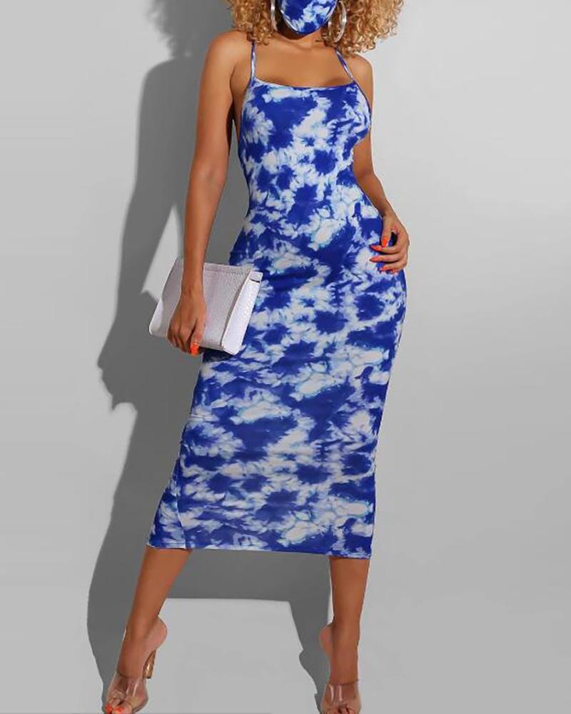 

Tie Dye Print Crisscross Backless Slit Dress With Face Mask, Blue