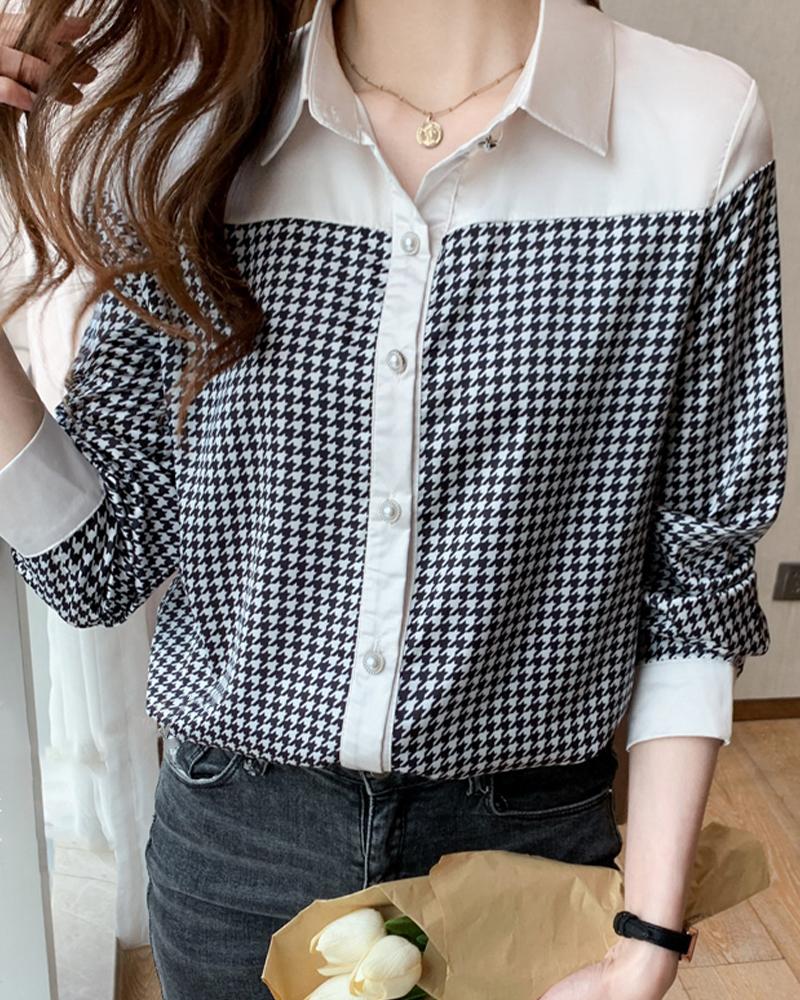 

Houndstooth Color Block Button Up Top, White