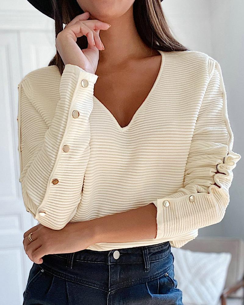 

V Neck Button Design Long Sleeve Top, Beige
