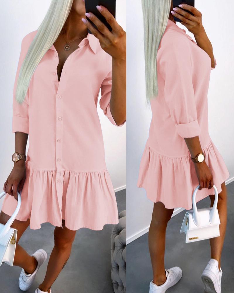 

Long Sleeve Buttoned Ruffle Hem Shirt Dress, Pink