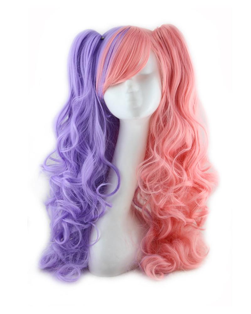 

Natural Looking Long Curly Hair Wig Two Tone Lolita Synthetic Wigs With Bangs Halloween Party Cosplay Wigs, Purple