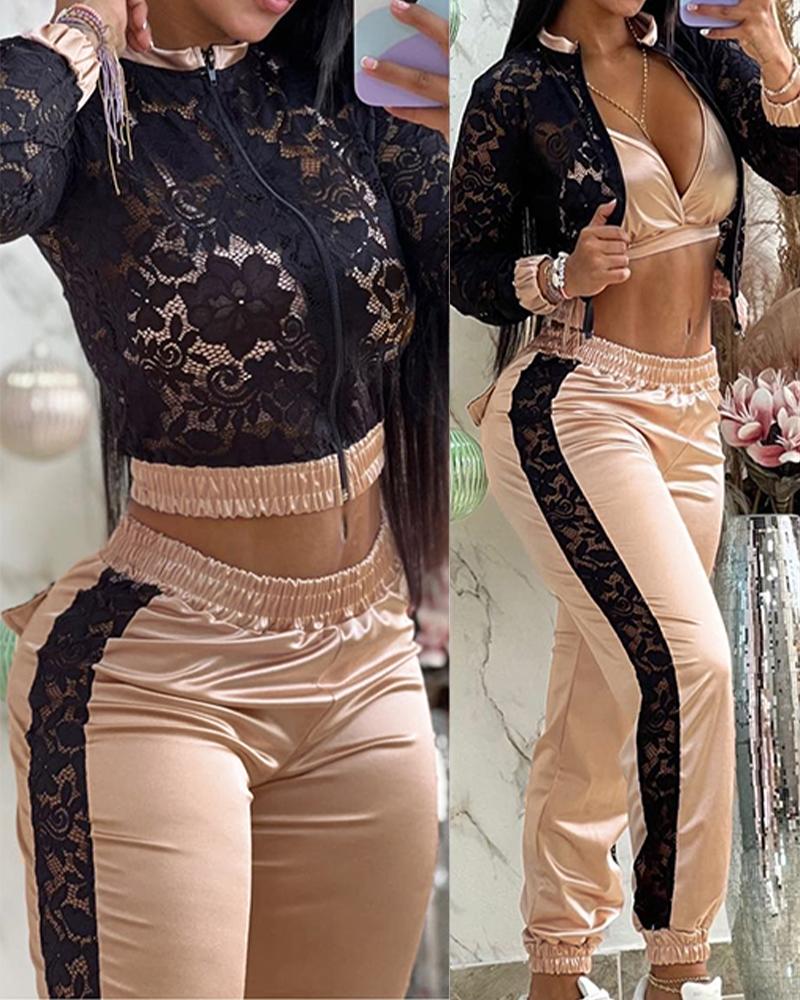 

Crochet Lace Zipper Design Coat & High Waist Pants Set, Apricot