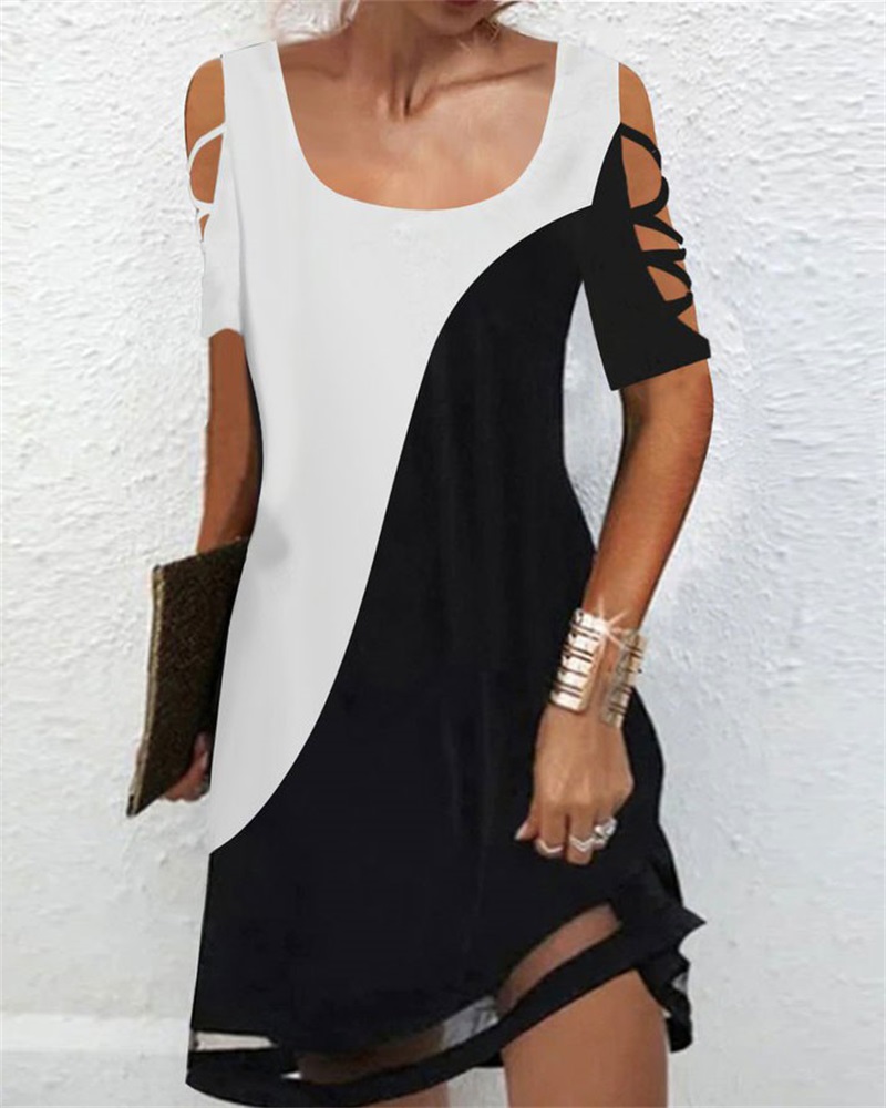 

Colorblock Contrast Mesh Cold Shoulder Casual Dress, Blackwhite