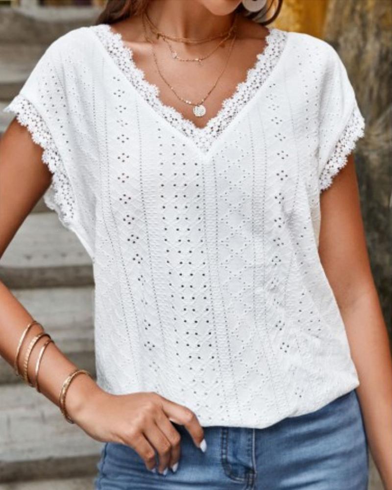 

Lace Trim Eyelet Embroidery V-Neck Blouse, White