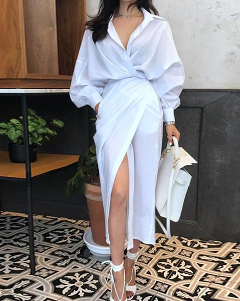 

Lantern Sleeve High Slit Wrap Shirt Dress, White