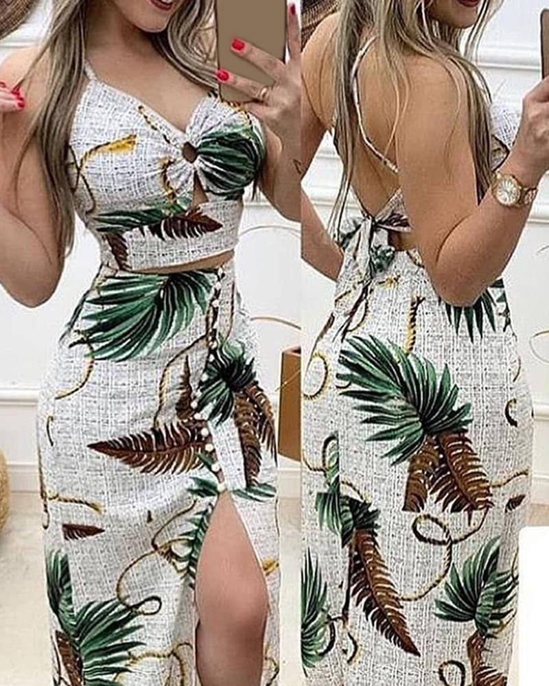 

Tropical Print Skinny Top & High Slit Skirt Set, Beige